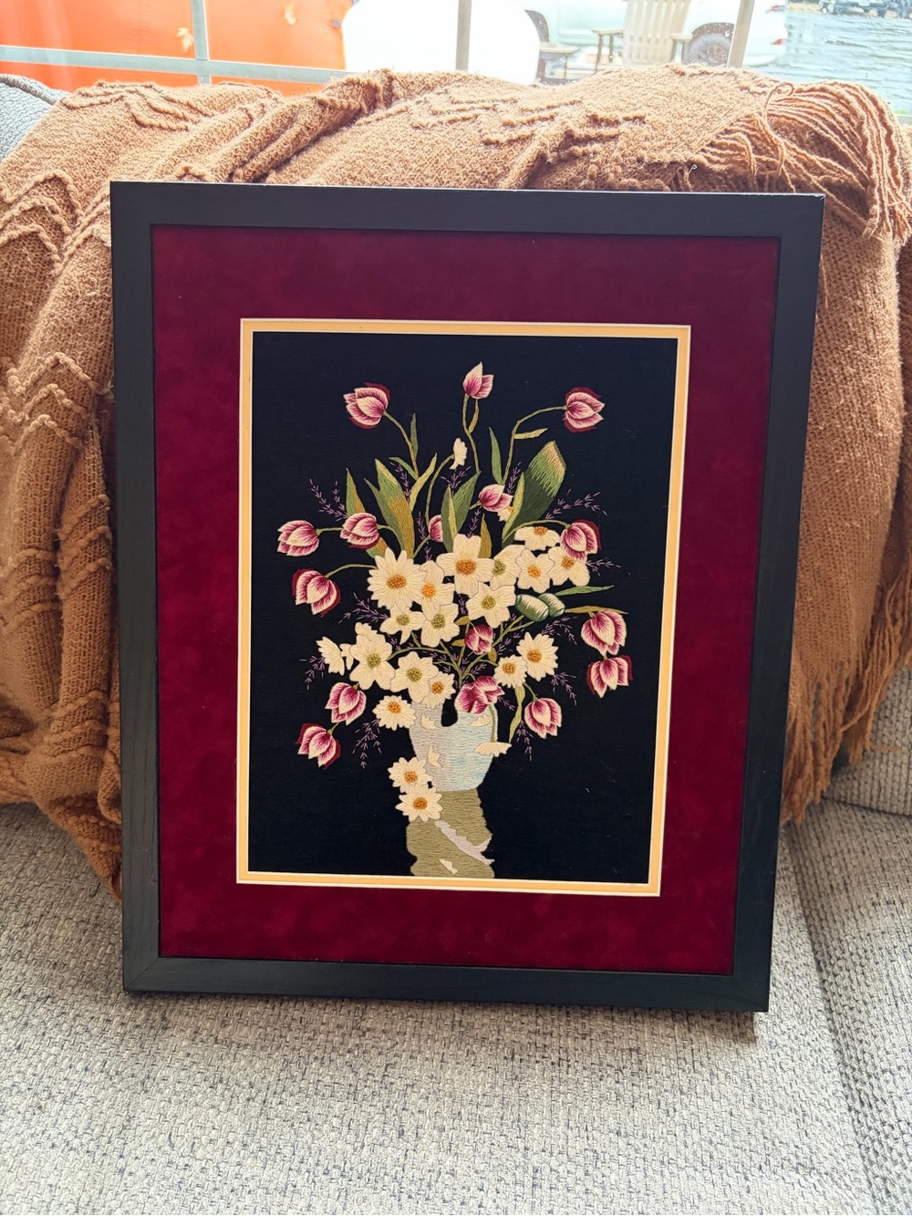Vintage hand embroidered floral framed wall art